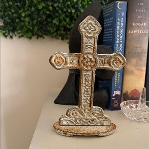 Decorative Rustic White and Gold Cross Accent - Home Accents